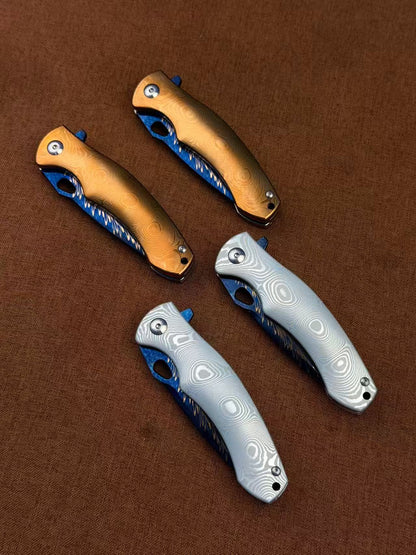 Feather Damascus Steel Folding Knife Aluminum Alloy Damascus Handle - AK-HT1074