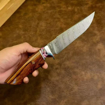 Swedish Steel Damascus Fixed-Blade Knife – Twisted Damascus Pattern, Mammoth Molar Fossil & Desert Ironwood Handle - AK-HT1072