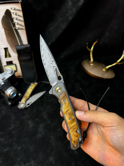 Handcrafted Damascus Folding Knife – Titanium & White Shadow Wood Handle - AK-HT0181