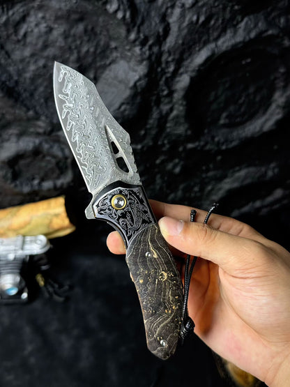 Hand-Forged 78-Layer Damascus Folding Knife – Stabilized Wood Handle - AK-HT0179