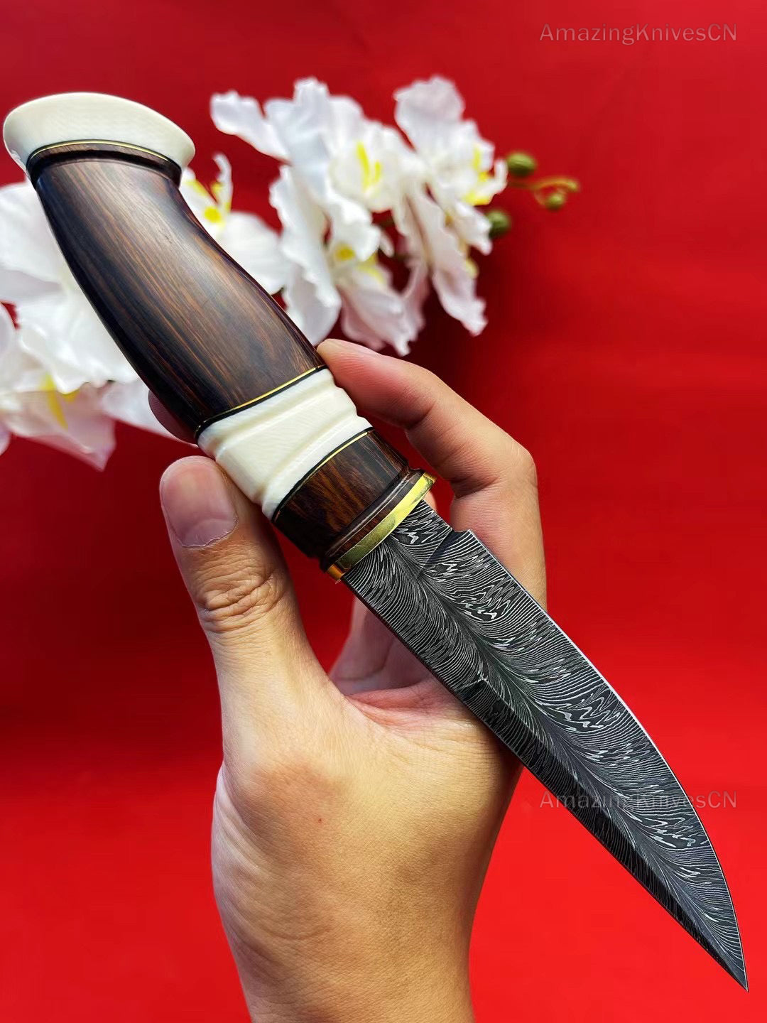 Collectible Handcrafted Feather Damascus Steel Knife Hunting Knife Desert Ironwood - AK-HT0927