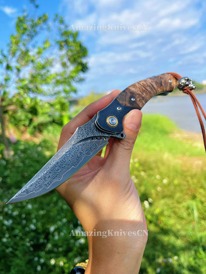 Handcrafted VG10 Damascus Folding Knife with Stabilized Wood Handle – Ball Bearing Quick Open - AK-HT1018