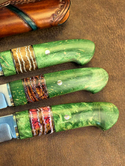 Wootz Steel Knife – Polished Blade, Mammoth Molar Fossil & Stabilized Green Maple Burl Handle - AK-HT1052