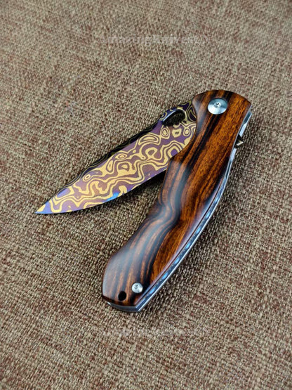 Collectible Nickel Damascus Folding Knife Pocket Knife with Leather Sheath - AK-HT1009