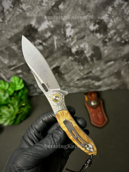 Desolate Horizon Blade – Handcrafted M390 Folding Knife with White Shadow Wood Handle - AK-HT1029