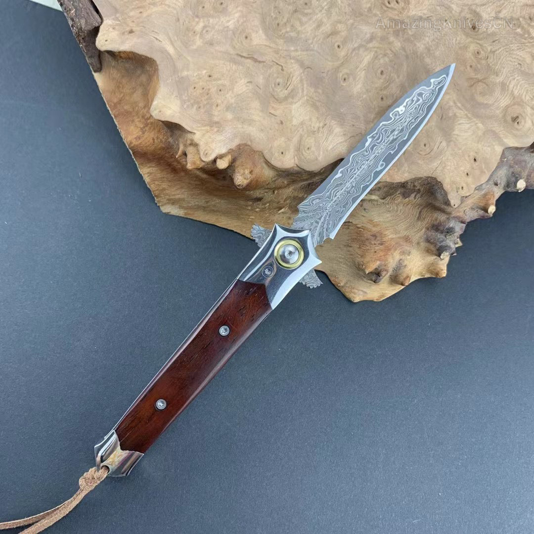 Damascus Steel Flipper Knife Folding Blade Tactical Knife Needle Point - AK-HT0919