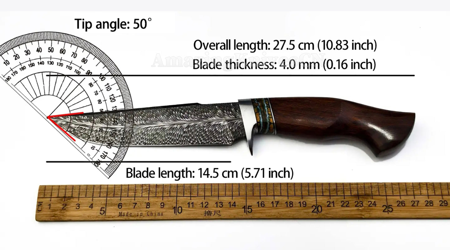 Top Tier Collectible Knife Luxury Handforged Feather Damacus Steel Bowie Knife with Leather Sheath - AK-HT1013