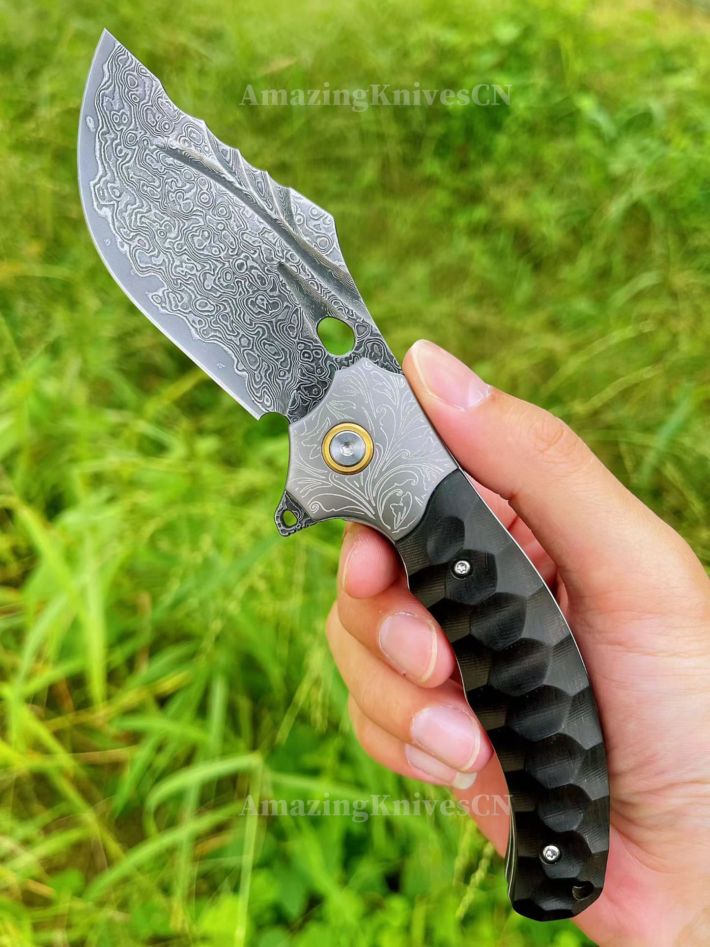 Heavy-Duty Damascus Folding Knife – VG10 Bearing Quick-Open, Ebony Handle, Collectors’ Edition - AK-HT1008