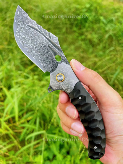 Heavy-Duty Damascus Folding Knife – VG10 Bearing Quick-Open, Ebony Handle, Collectors’ Edition - AK-HT1008