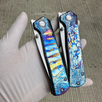 Sandvik 14C28N Steel Steel Pocket Knife Titanium Handle Ball Bearing with Clip - AK-HT1019