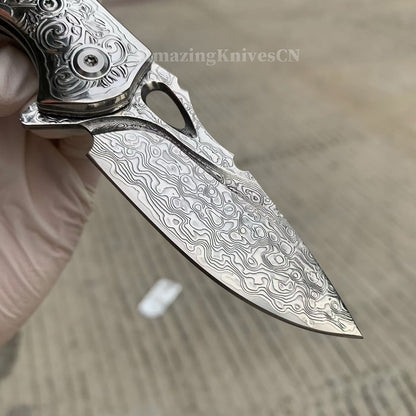 VG10 Damascus Steel Pocket Knife Desert Ironwood Handle Ball Bearing with Clip - AK-HT1012