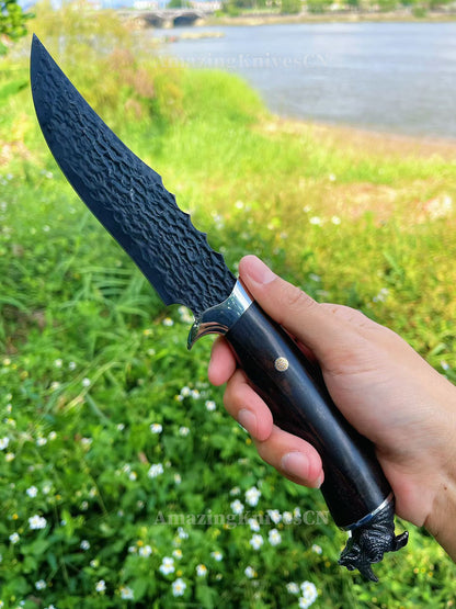 67-Layer VG10 Damascus Knife with Ebony Handle and Black Rhino Pommel - AK-HT1017