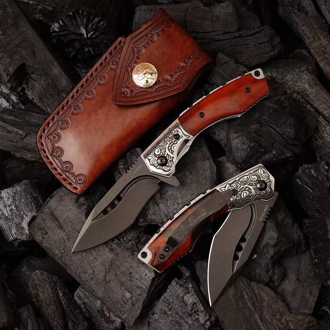 Handcrafted Folding Knife – CPM-S35VN Powder Steel, Rosewood Handle, Artisan Leather Sheath - AK-HT1037