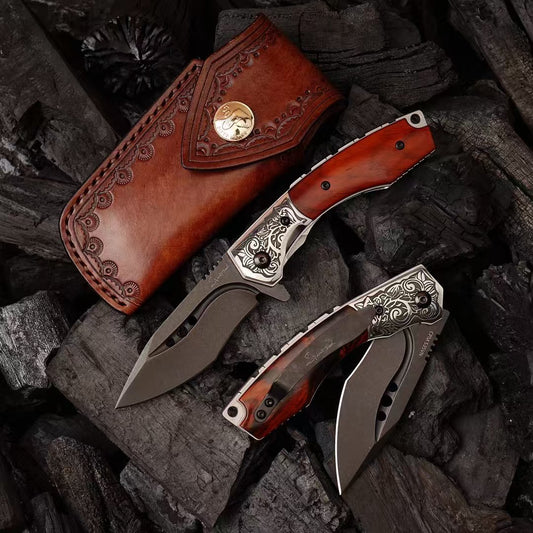 Handcrafted Folding Knife – CPM-S35VN Powder Steel, Rosewood Handle, Artisan Leather Sheath - AK-HT1037
