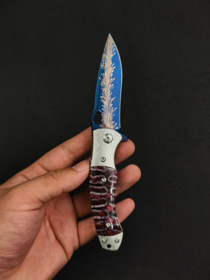 Feather Damascus Steel Folding Knife Mammoth Molar Fossil Handle - AK-HT1041