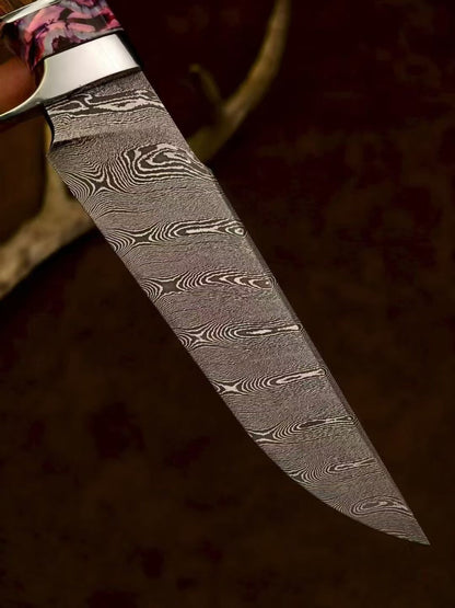 Swedish Steel Damascus Fixed-Blade Knife – Twisted Damascus Pattern, Mammoth Molar Fossil & Desert Ironwood Handle - AK-HT1072