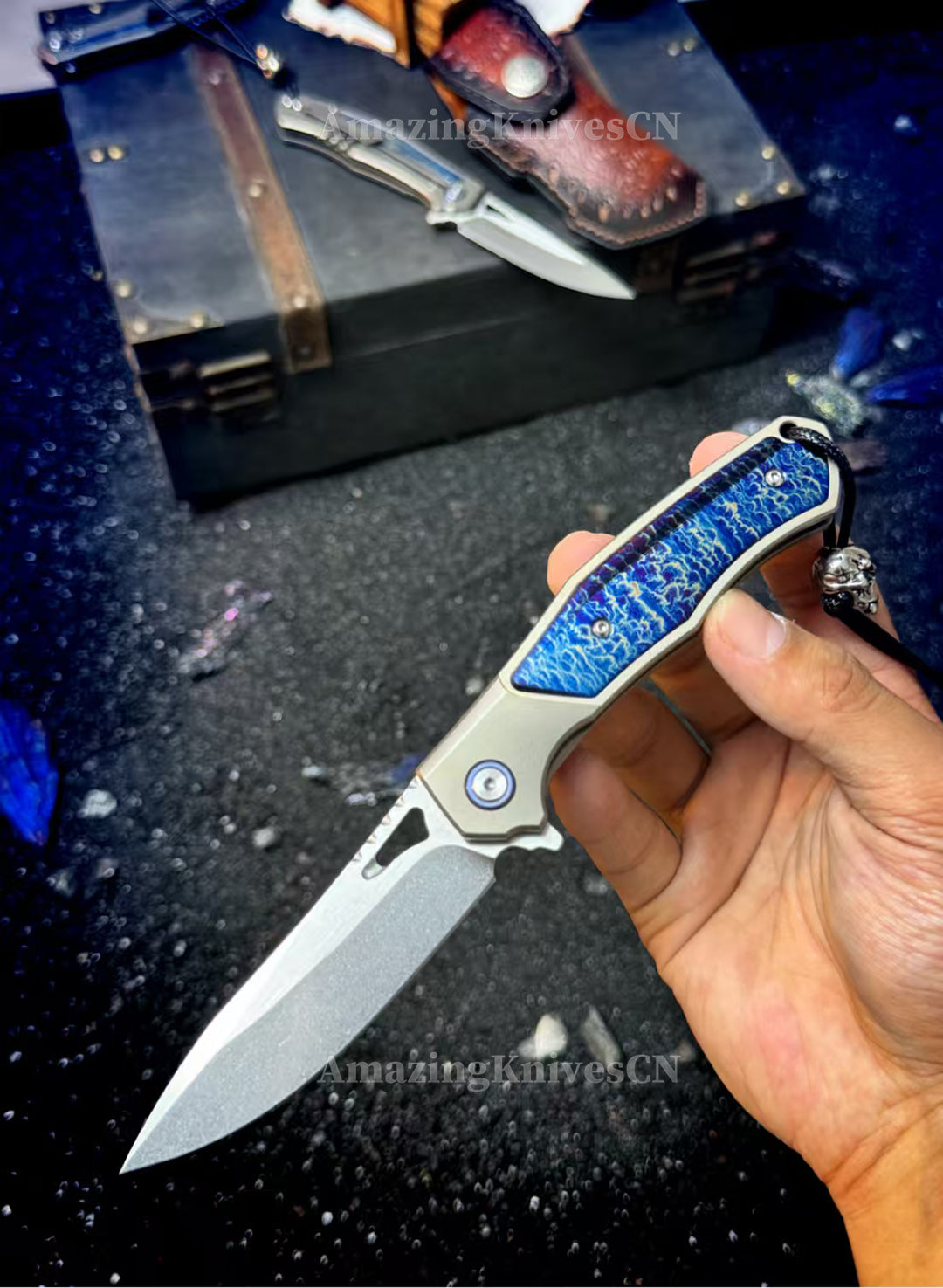 Premium M390 Folding Knife – TC4 Titanium Handle, Brushed & Stonewashed Blade, Ball Bearing System - AK-HT1038