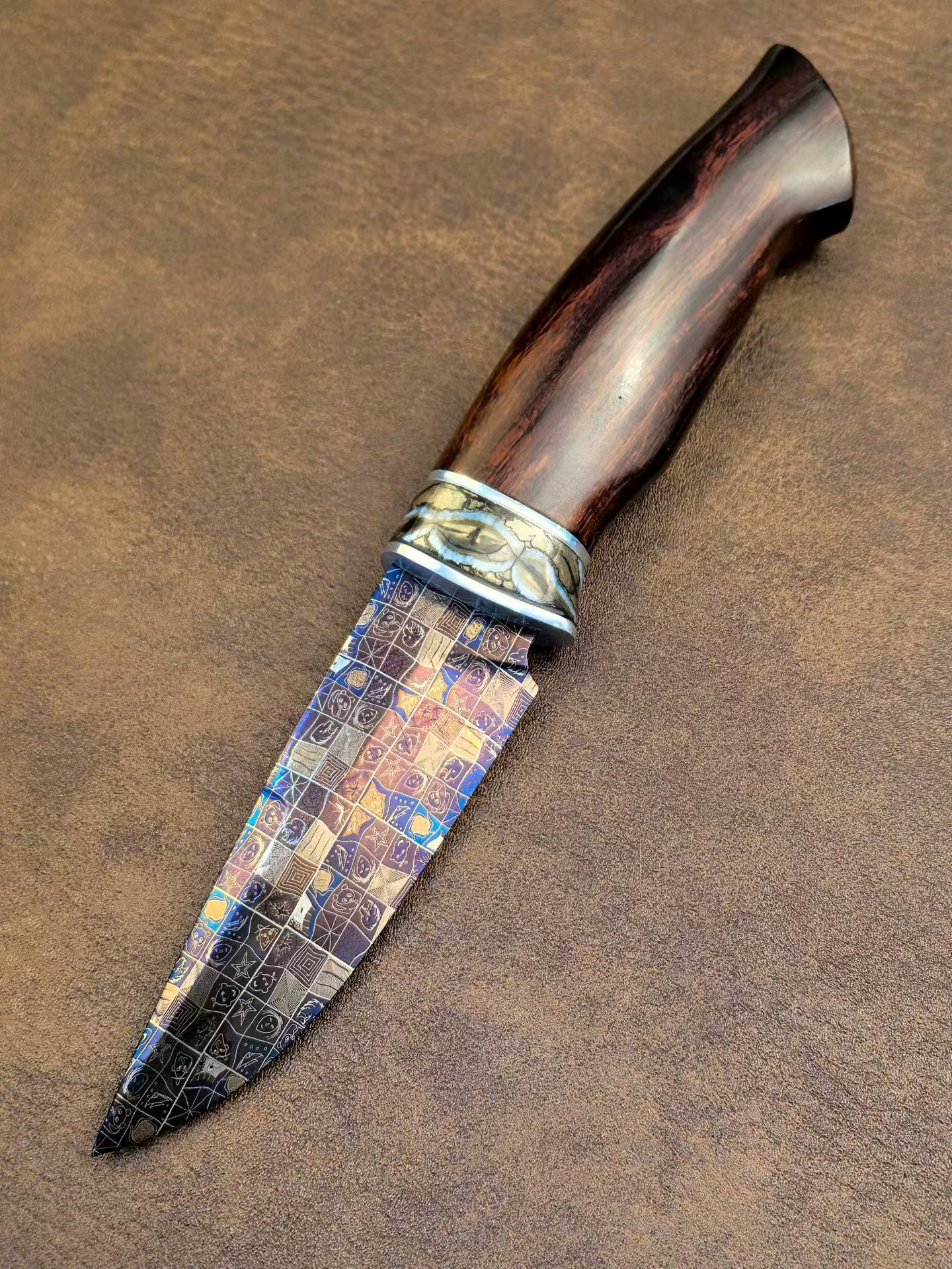 Blued Mosaic Damascus Fixed Blade Mammoth Molar Fossil & Desert Ironwood Edition - AK-HT1062