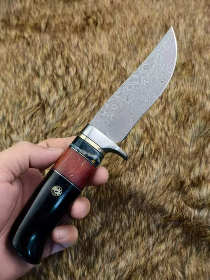 Nordic Fixed Blade Knife – Solid Damascus Steel, Mammoth Molar Fossil & Ebony Burl Handle - AK-HT1050