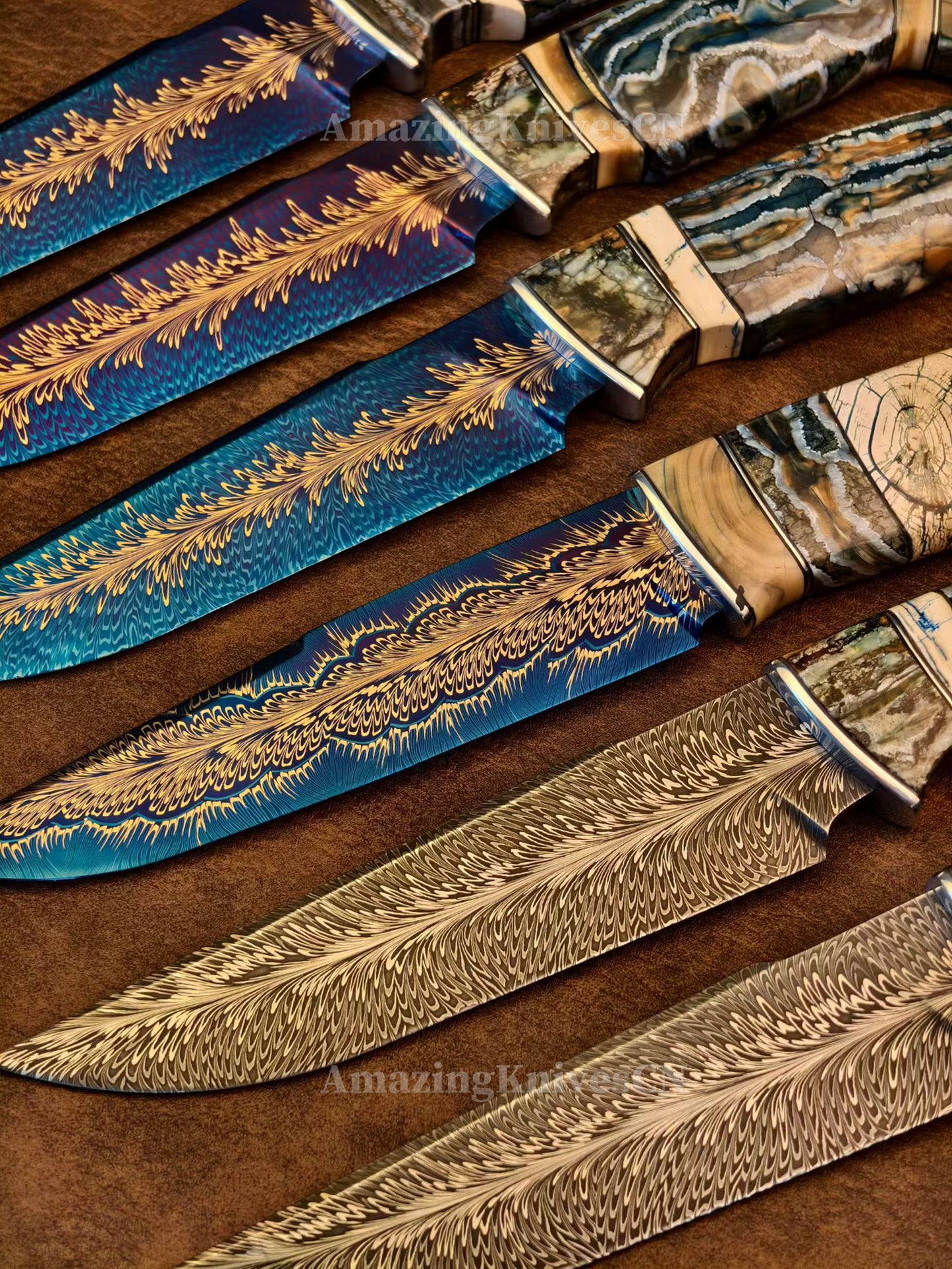 Top Tier Collectible Handforged Feather Damacus Steel Knife Mammoth Molar Fossil with Leather Sheath - AK-HT1026