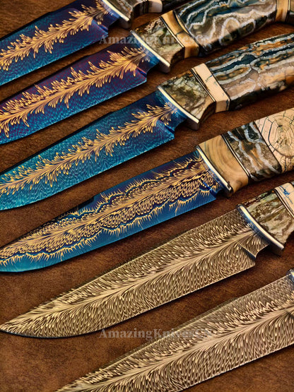 Top Tier Collectible Handforged Feather Damacus Steel Knife Mammoth Molar Fossil with Leather Sheath - AK-HT1026