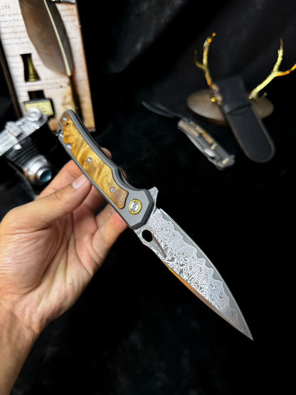 Handcrafted Damascus Folding Knife – Titanium & White Shadow Wood Handle - AK-HT0181