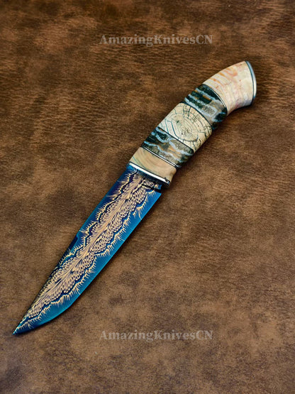 Top Tier Collectible Handforged Feather Damacus Steel Knife Mammoth Molar Fossil with Leather Sheath - AK-HT1026