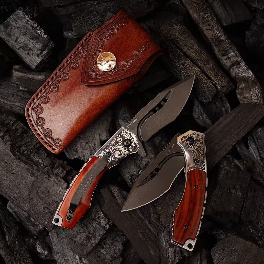 Handcrafted Folding Knife – CPM-S35VN Powder Steel, Rosewood Handle, Artisan Leather Sheath - AK-HT1037