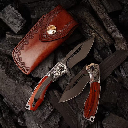 Handcrafted Folding Knife – CPM-S35VN Powder Steel, Rosewood Handle, Artisan Leather Sheath - AK-HT1037
