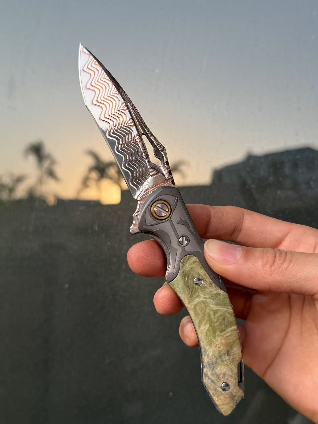 Artisan Folding Knife – Copper-Infused 67-Layer Damascus Steel, Stabilized Wood Handle - AK-HT1046