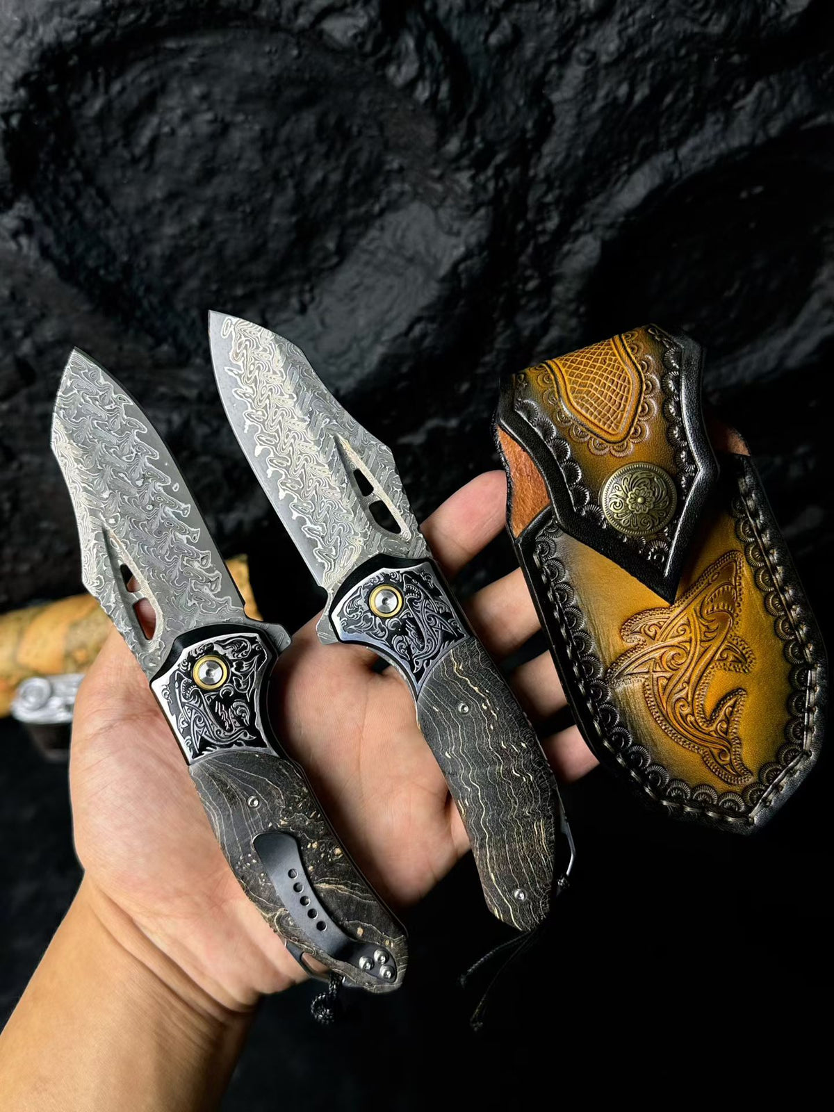 Hand-Forged 78-Layer Damascus Folding Knife – Stabilized Wood Handle - AK-HT0179