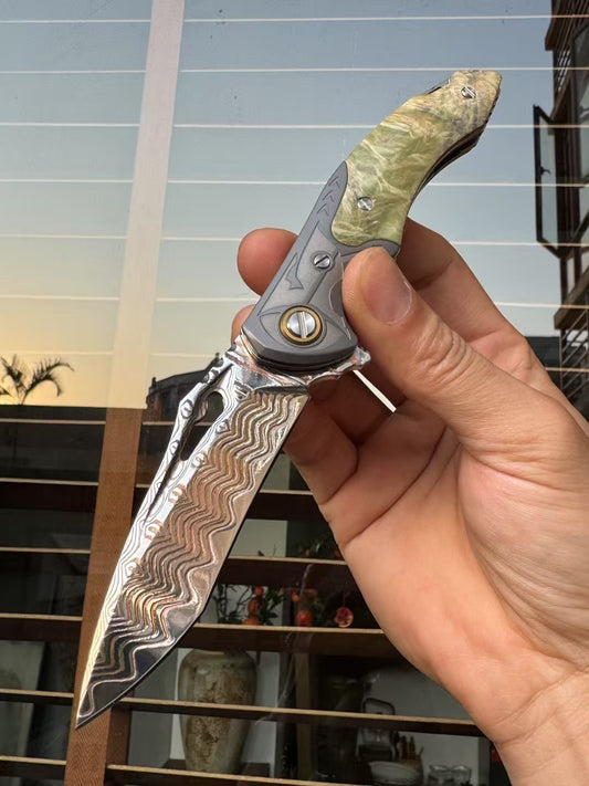 Artisan Folding Knife – Copper-Infused 67-Layer Damascus Steel, Stabilized Wood Handle - AK-HT1046