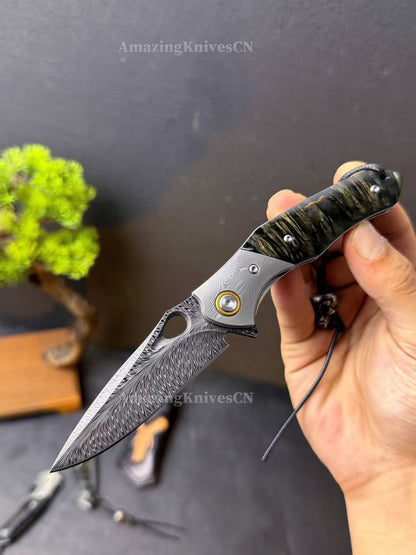 Handcrafted Feather Damascus Pocket Knife Wood Handle -AK-HT0994