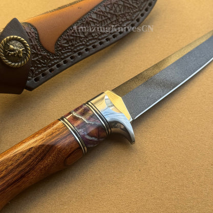 Handcrafted Wootz Steel Fixed Blade Bowie Collectible Knife Desert Ironwood Handle with Leather Sheath - AK-HT0957