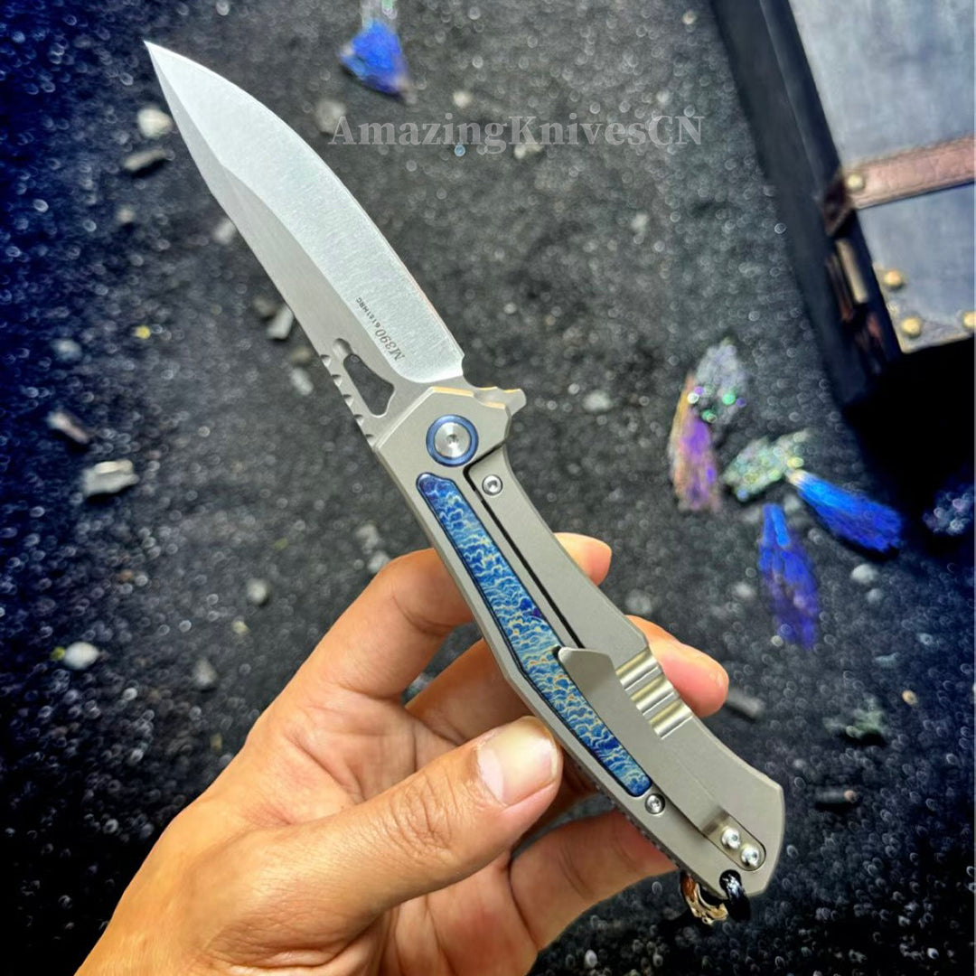 Premium M390 Folding Knife – TC4 Titanium Handle, Brushed & Stonewashed Blade, Ball Bearing System - AK-HT1038