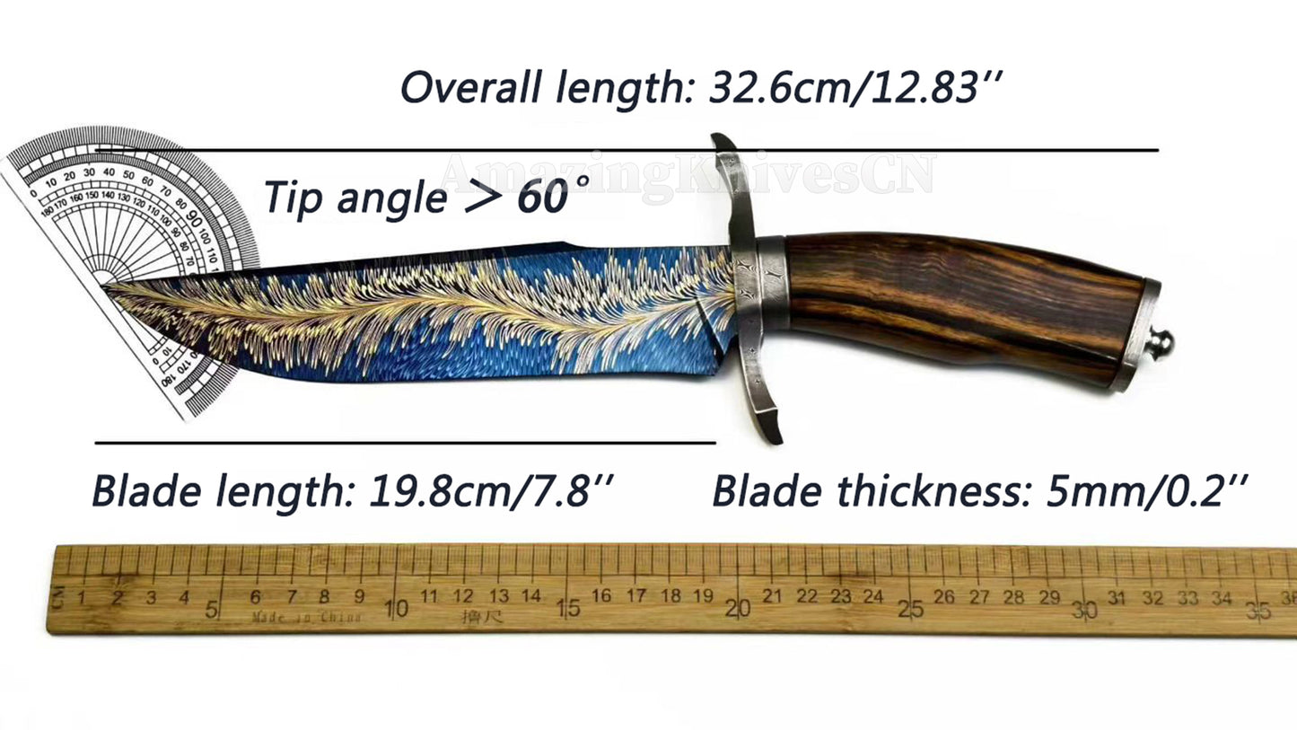 Top Tier Collectible Handforged Feather Damacus Steel Bowie Knife Desert Ironwood Handle with Leather Sheath - AK-HT1027