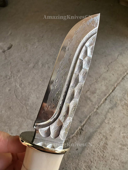 Collectible Vg10 Damascus Hunting Knife Fixed Blade Horn Stag Handle Camping w/ Sheath - AK-HT0331