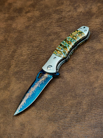 Feather Damascus Steel Folding Knife Mammoth Molar Fossil Handle - AK-HT1041