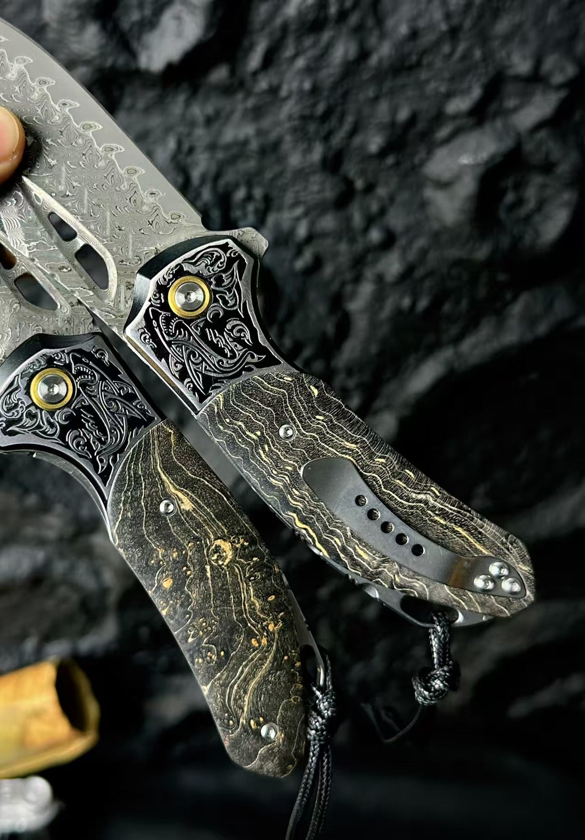 Hand-Forged 78-Layer Damascus Folding Knife – Stabilized Wood Handle - AK-HT0179