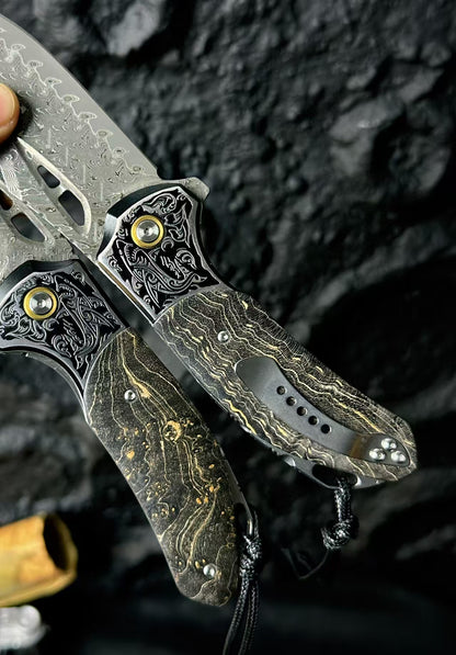 Hand-Forged 78-Layer Damascus Folding Knife – Stabilized Wood Handle - AK-HT0179