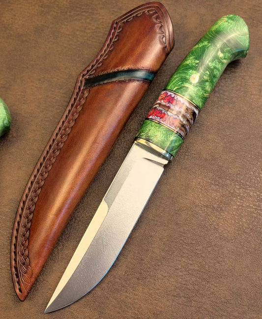 Wootz Steel Knife – Polished Blade, Mammoth Molar Fossil & Stabilized Green Maple Burl Handle - AK-HT1052