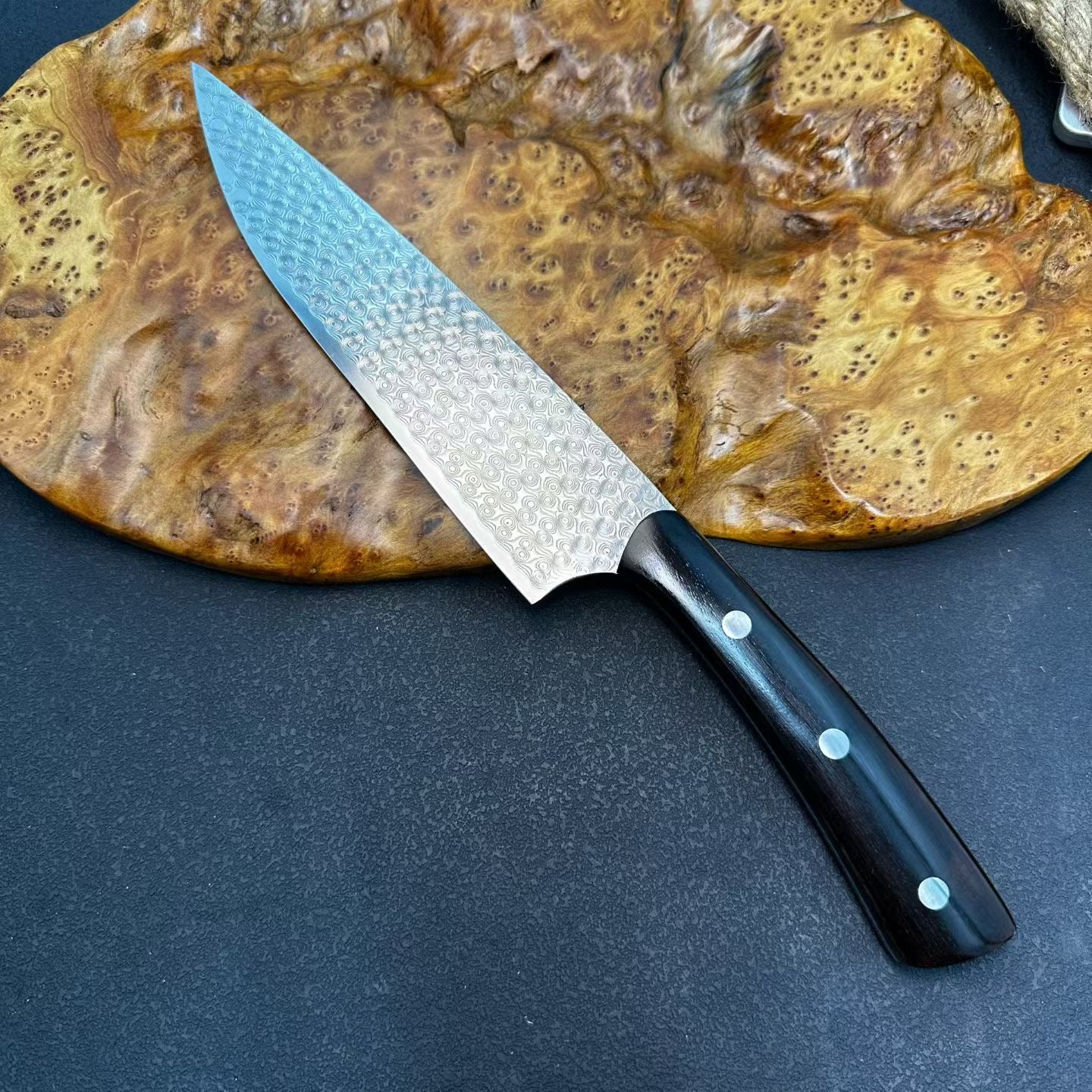 3-Piece Damascus Kitchen Knife Set – Chef Knife, Nakiri & Cleaver, Ebony Wood Handles - AK-DS1045