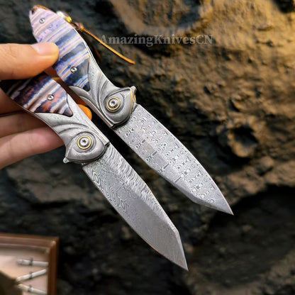 Rare Handcrafted High End Powder Steel Damascus Folding Knife- AK-HT1065