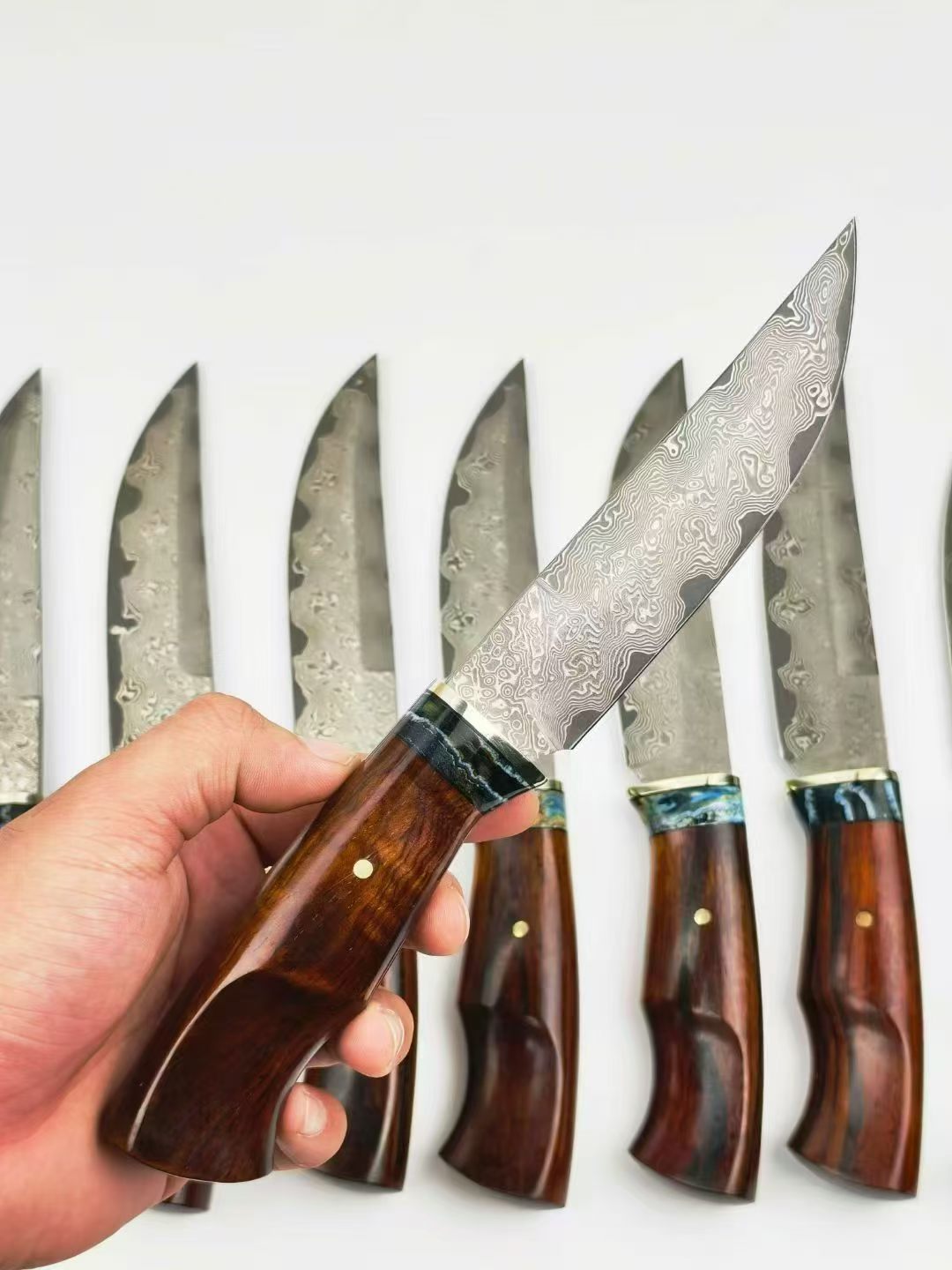 Premium Handmade Damascus Bowie Knife with Mammoth Molar Fossil & Rosewood Handle - AK-HT1049