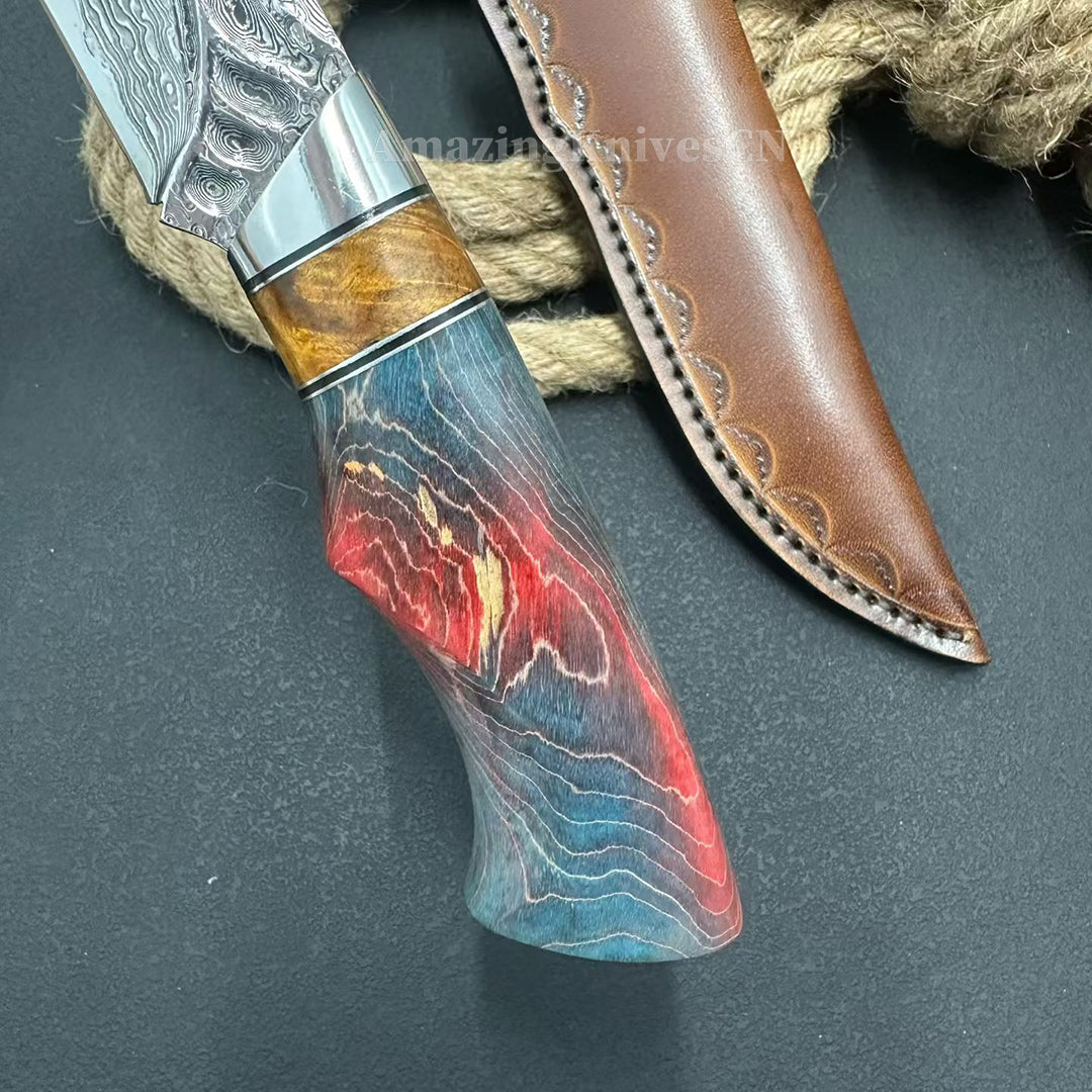 Handcrafted Damascus Vg10 Hunting Knife Survival Fixed Blade With Leather Sheath - AK-HT0935-S