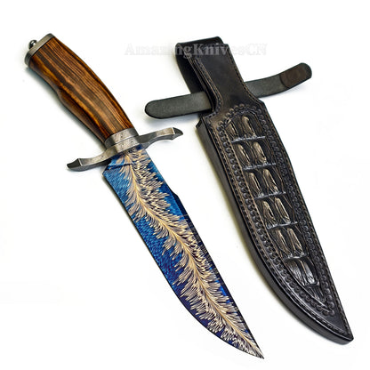 Top Tier Collectible Handforged Feather Damacus Steel Bowie Knife Desert Ironwood Handle with Leather Sheath - AK-HT1027