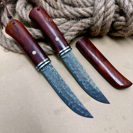 Japanese Style Bushido Katana Knife Damascus Steel Ninja Samurai Warrior Rosewood Handle - AK-HT1015