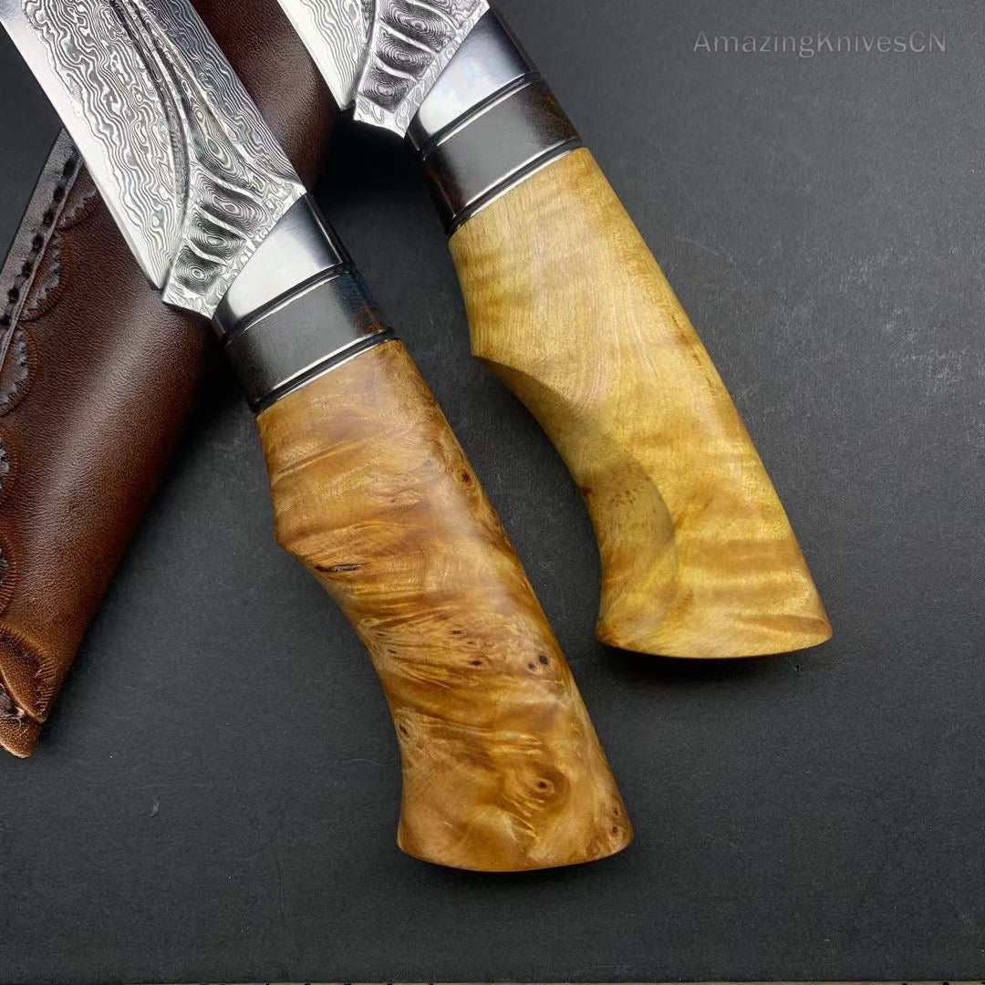 Handcrafted Damascus Vg10 Hunting Knife Survival Fixed Blade With Leather Sheath - AK-HT0935