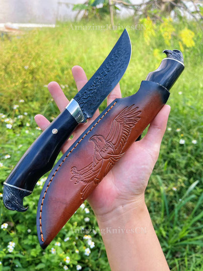 67-Layer Damascus Survival Knife with Ebony Handle and Eagle-Head Pommel - AK-HT1016