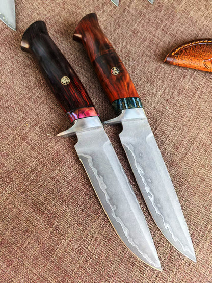 Rare Handforged Damascus Steel Rosewood Straight Hunting Outdoor Knife with Sheath- AK-HT0652